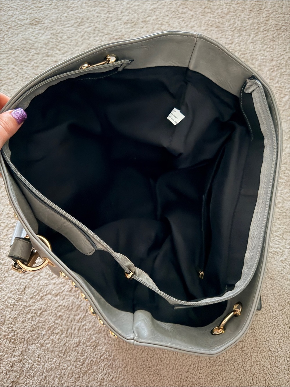 Yoki Dark Gray Studded Tote with Tassel and Pearls - Picture 6 of 10